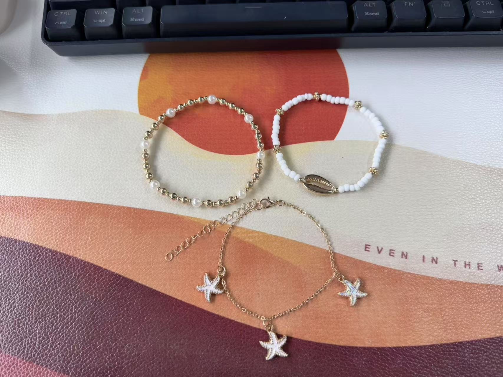 Boho Layered Ankle Bracelet Set With Gold Starfish Charms